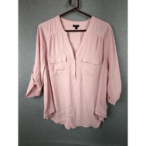 Torrid Blouse Womens 1 (1X) Pink Harper V Neck Roll Tab 3/4 Sleeve Tunic Top